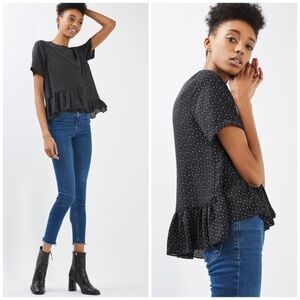 Topshop Star Frill Hem Top Short Sleeve Semi-Sheer Navy Blue US 4